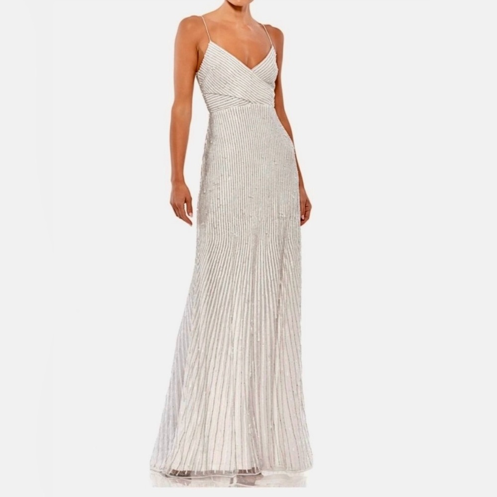 Mac Duggal Ivory Beaded Spaghetti Strap Maxi Gown Prom